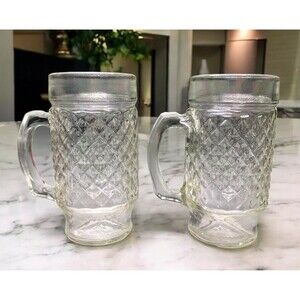 Vintage Anchor Hocking Diamond Cut Glass Beer Mugs - Set Of 2 - 1960's - MCM